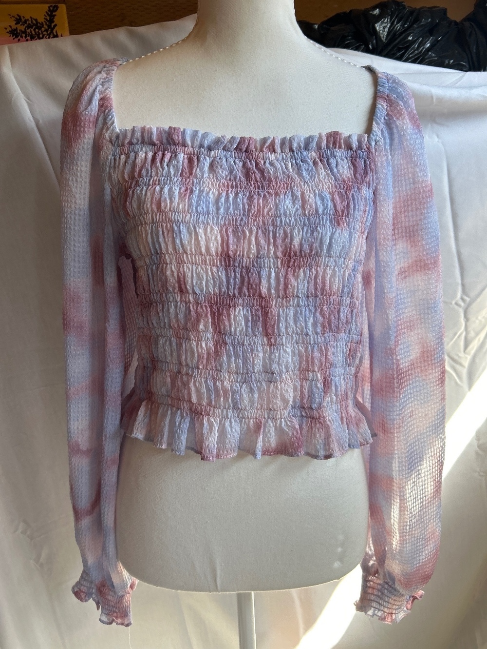 Long-sleeve smocked bodice top